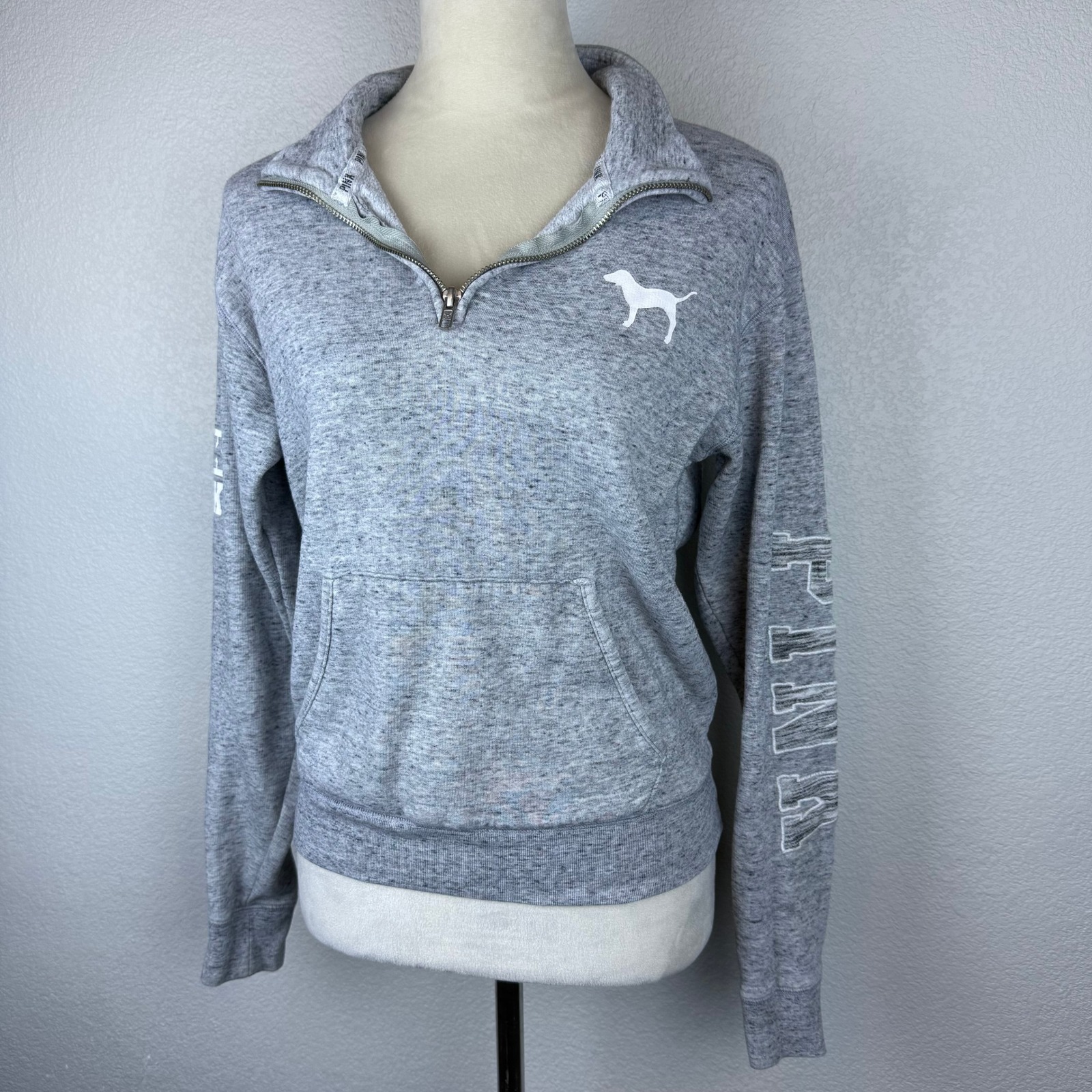 Pink Victoria's Secret Grey Heathered Quarter Zip Logo Sweatshirt Women's Sz Xs